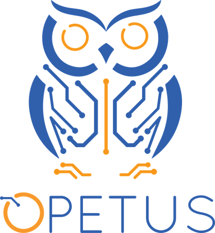 Logotipo de OPETUS: un búho hecho de circuitos sobre la palabra OPETUS
